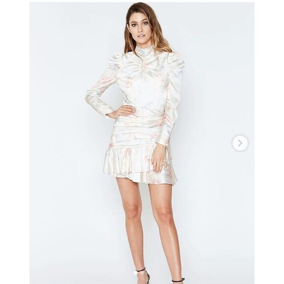 Bardot Sharna 80s inspired Satin Floral Ruched Puff Sleeve Mini Dress sz 8 - Picture 2 of 12